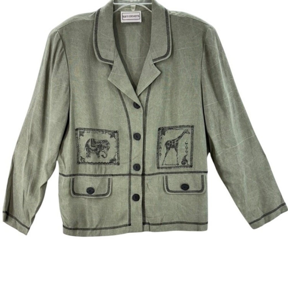 Karin Stevens Blazer Women 14 Green Safari Elephant Giraffe Button Up Vintage